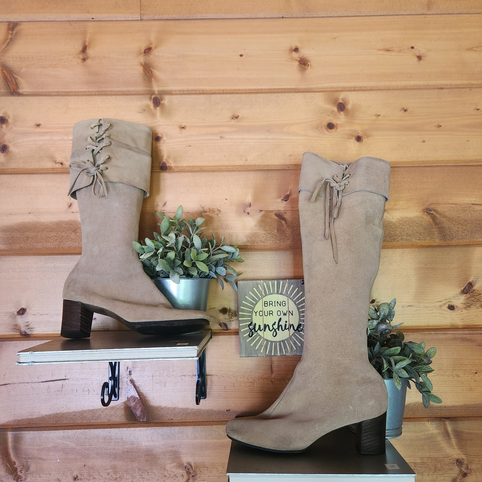 Battani Vintage 70s Tan Suede Leather Block Heel Knee High Mod Gogo Boots 9/9.5